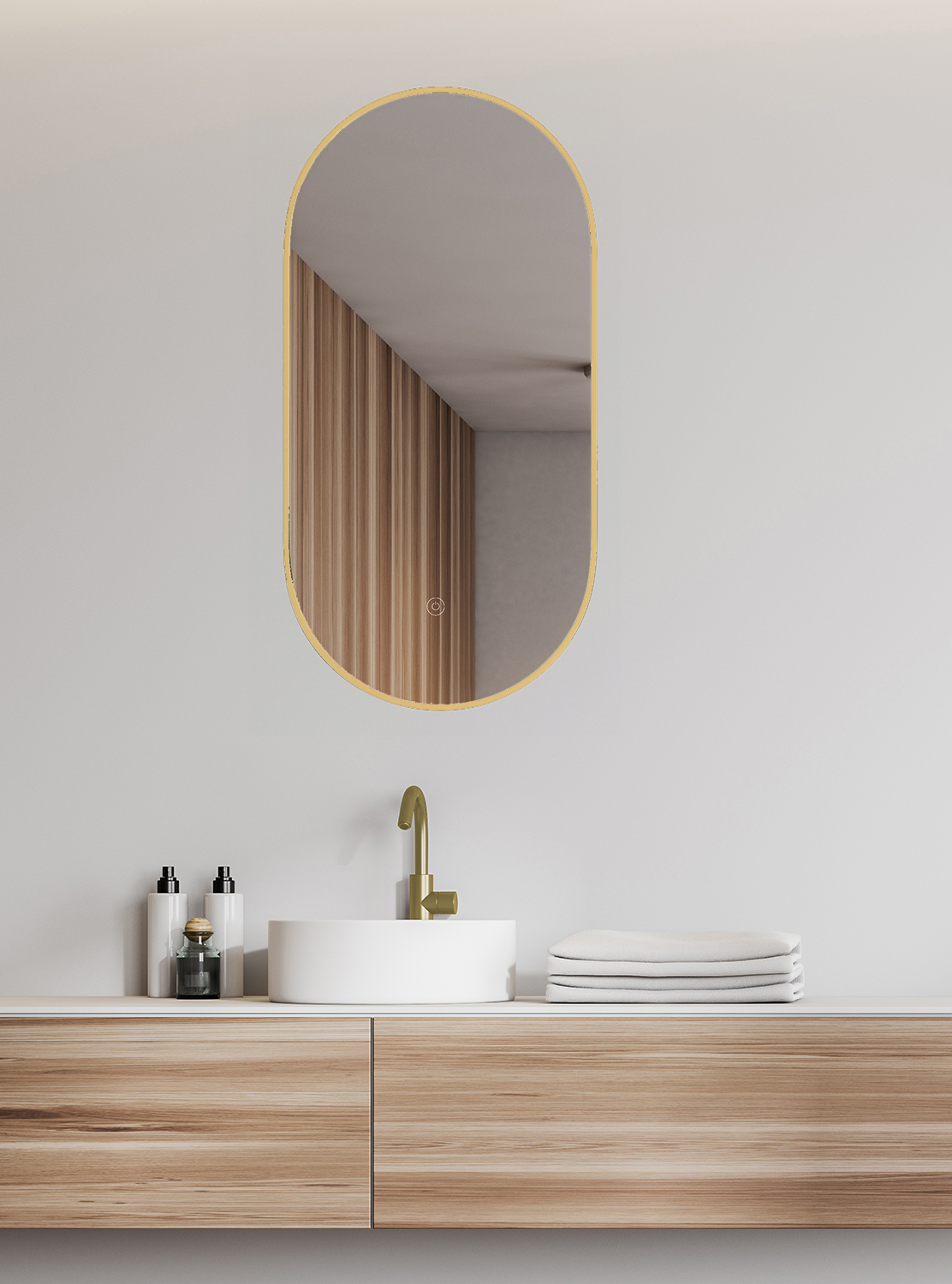 Italy Sanitair Nomi spiegel met lijst ovaal met LED, dimbaar en spiegelverwarming 50 x 100 cm geborsteld messing LEVERBAAR EIND MEI